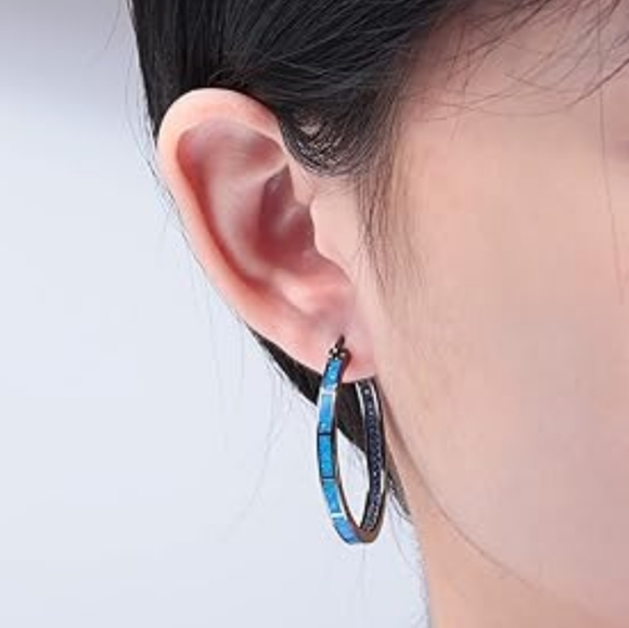 Black and Turquoise Blue Opal Hoop Earrings Hoops Rhinestone Crystal Channel New - Picture 4 of 11